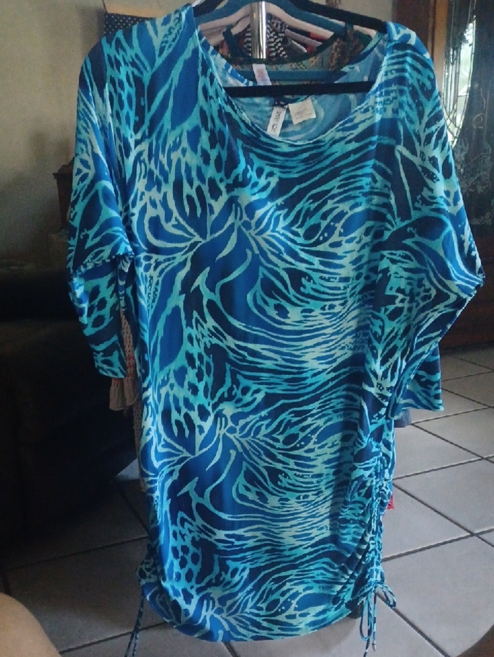Women’s Blue Abstract-Print Boatneck Swim Tunic